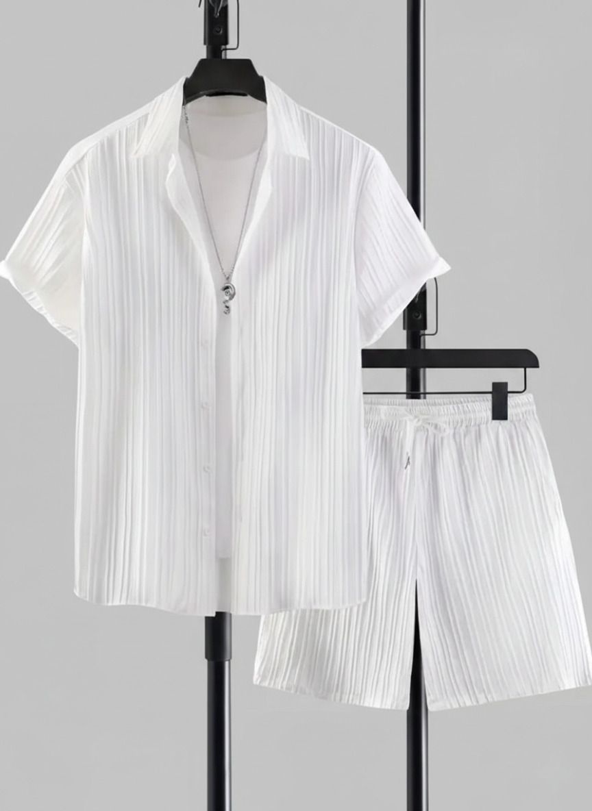 Men Top & Shorts Set White Self Design-image-48