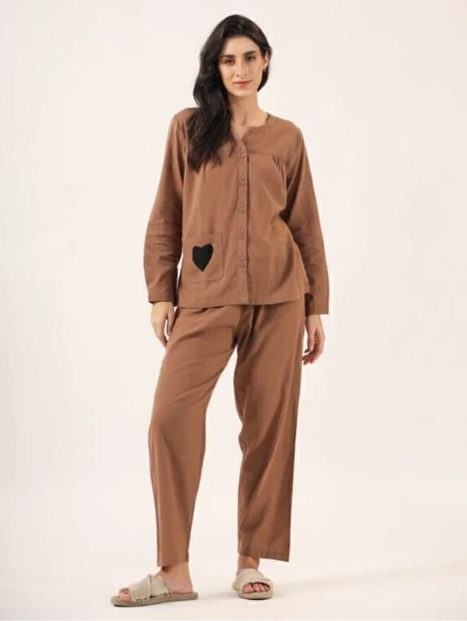 Women Night Suit Set Brown Solid-image-27