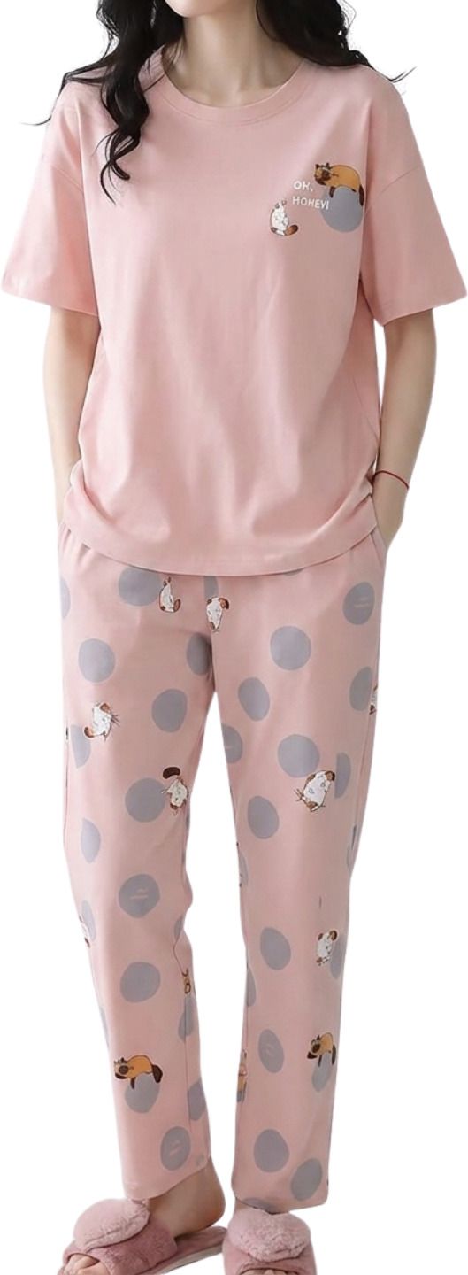 larix Women Top & Pyjama Set Pink Printed, Polka Print-picture-1
