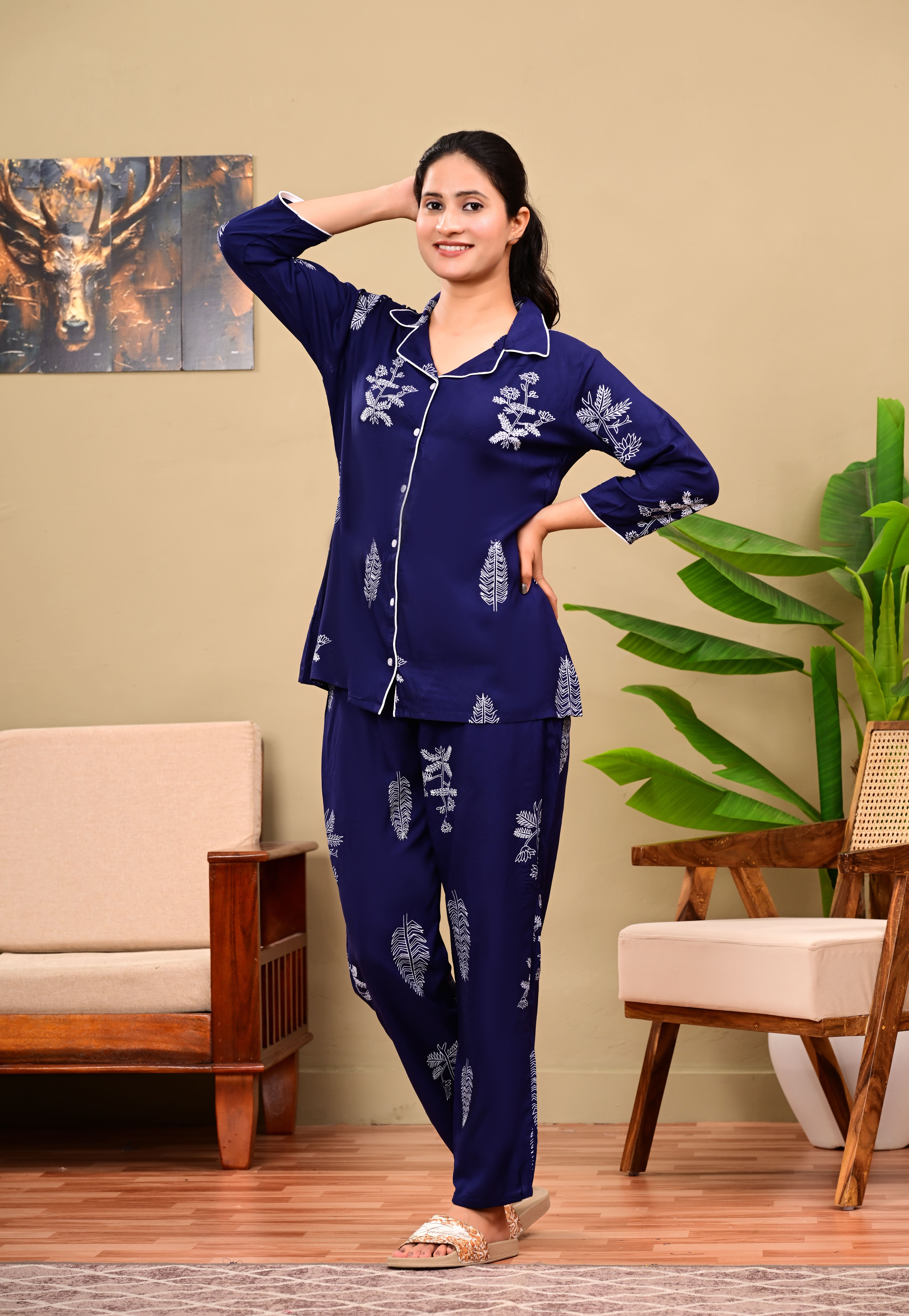 Women Night Suit Set Blue Printed