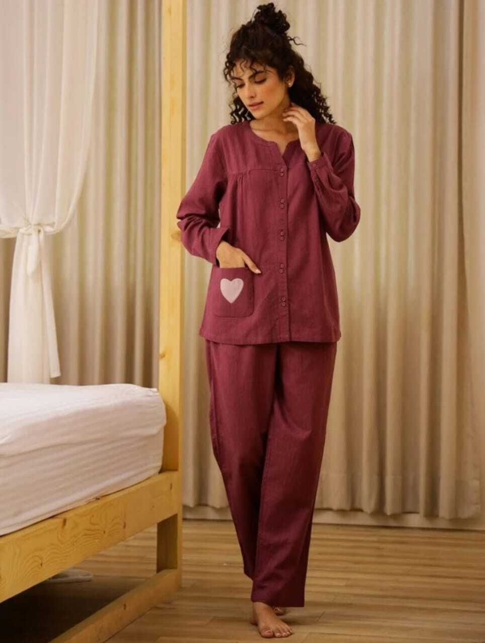 Women Night Suit Set Maroon Solid-image-30