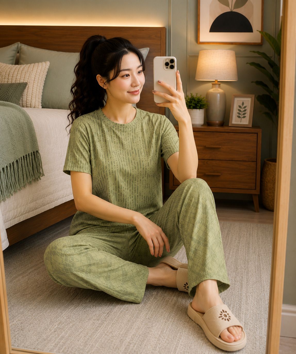 sakarmaa Women Top & Pyjama Set Light Green Printed-picture-1