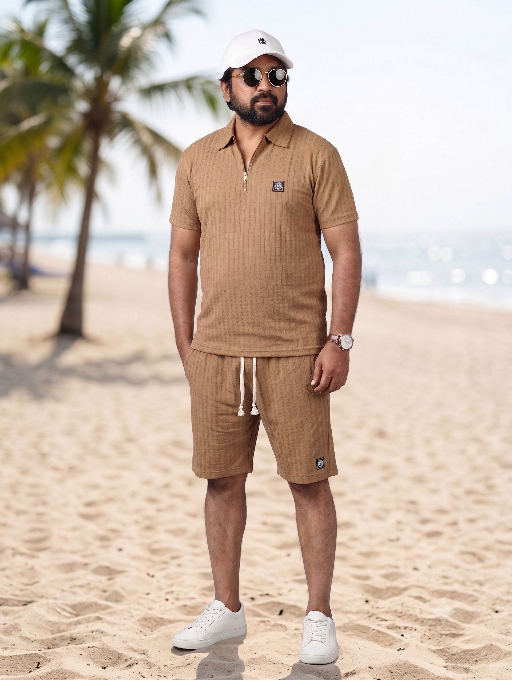 style remeet Men Top & Shorts Set Brown Self Design-picture-27