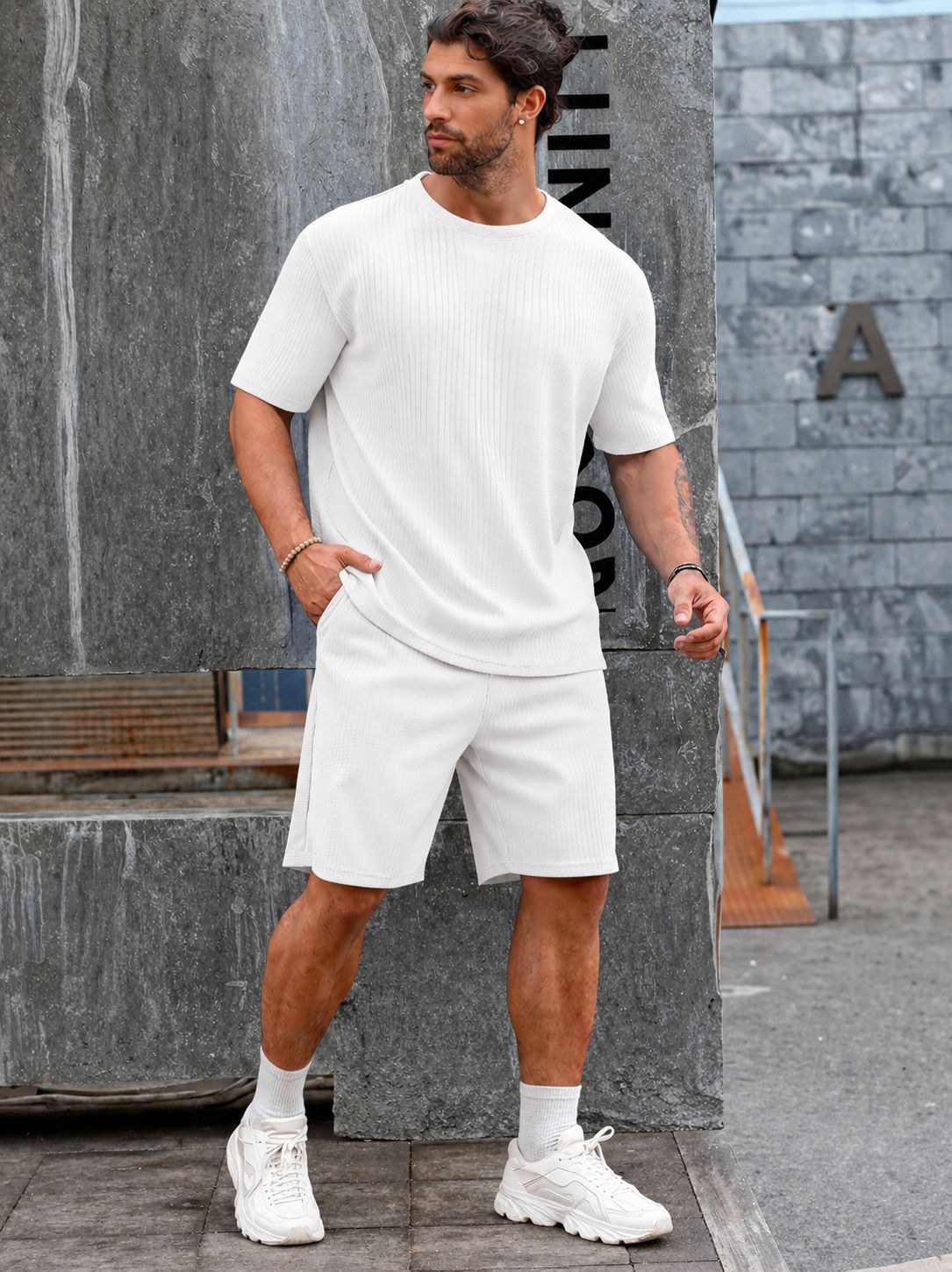Men Top & Shorts Set White Self Design-image-4