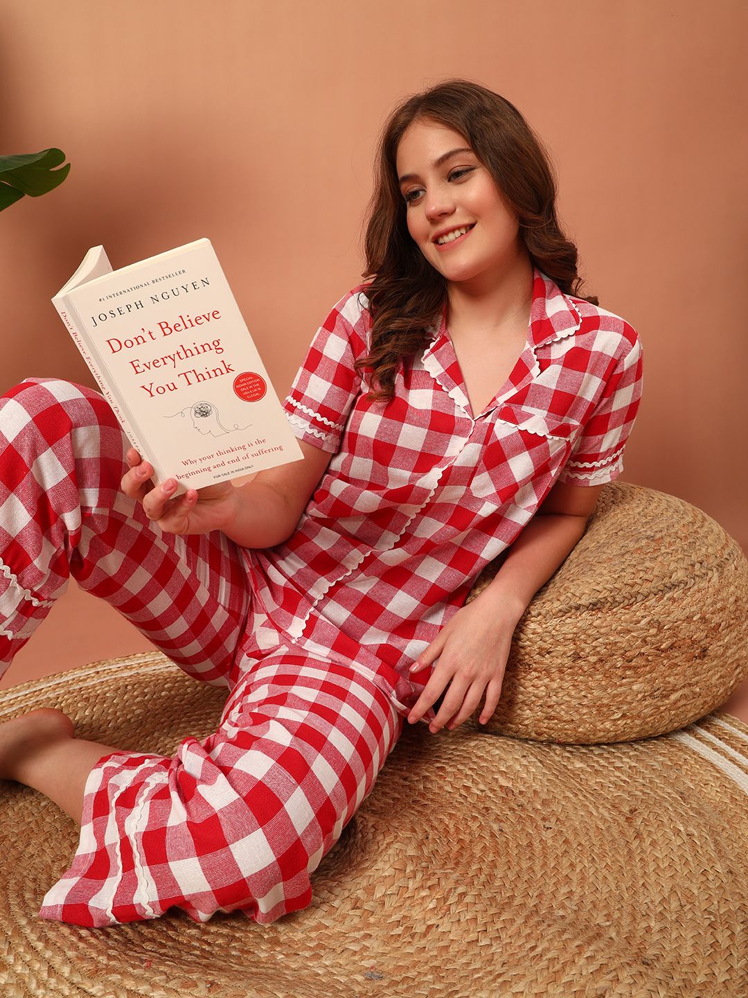 Women Shirt & Pyjama set Red Checkered-image-39