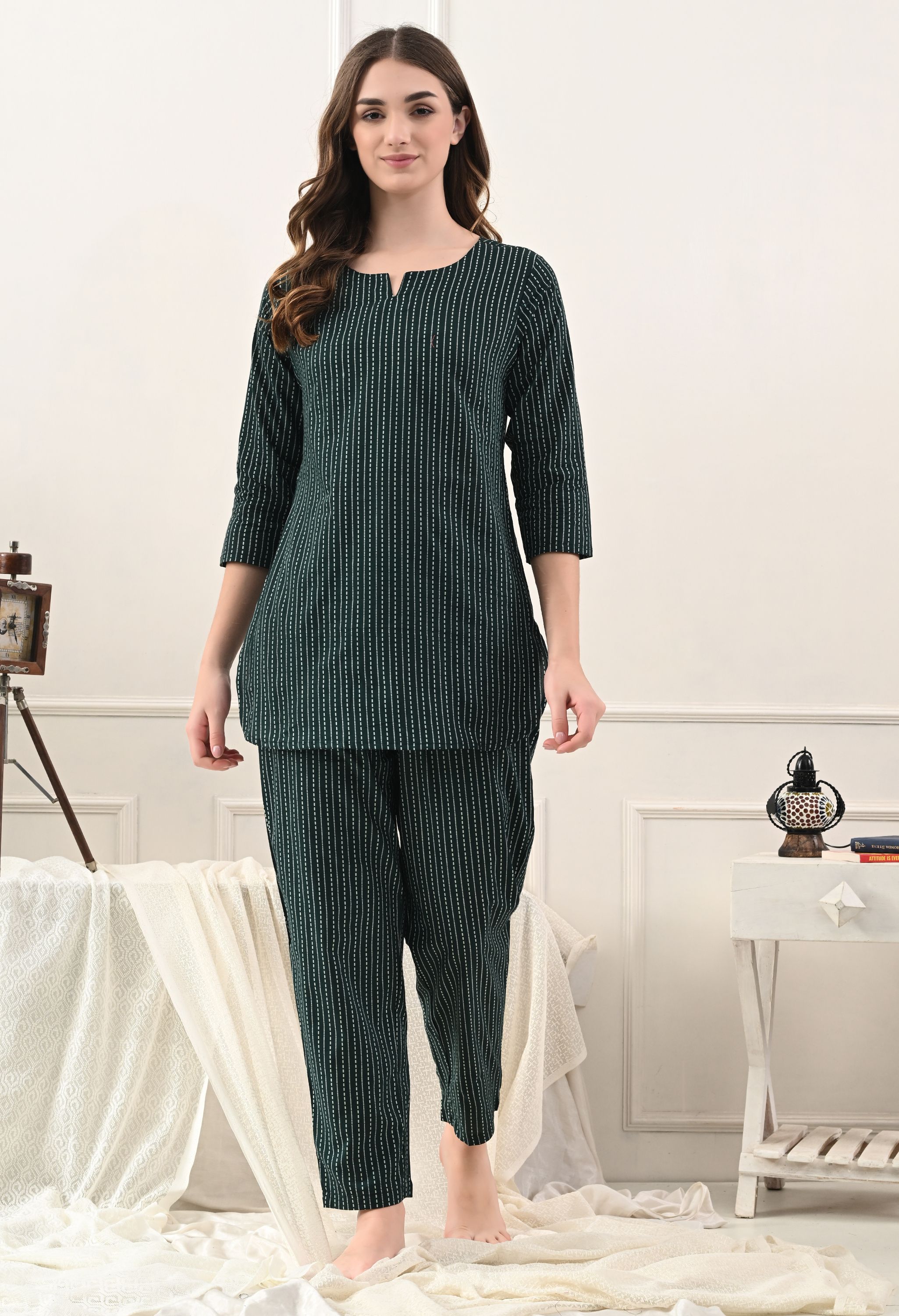 Women Night Suit Set Green Printed