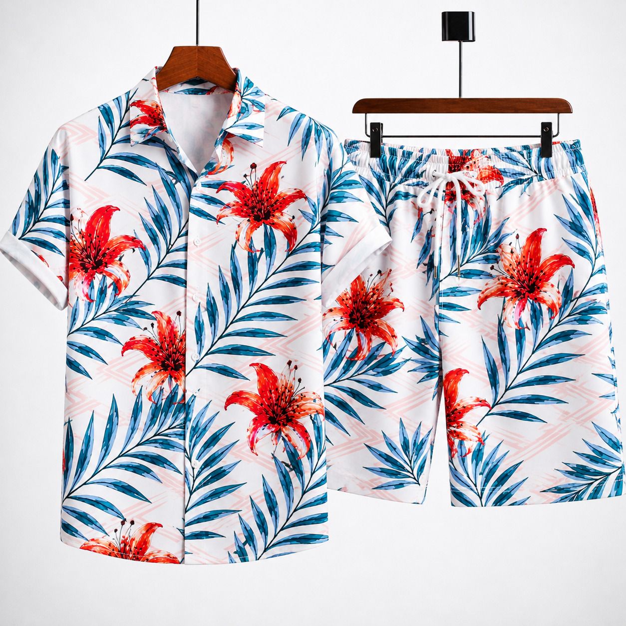 Men Top & Shorts Set Multicolor Floral Print-image-41
