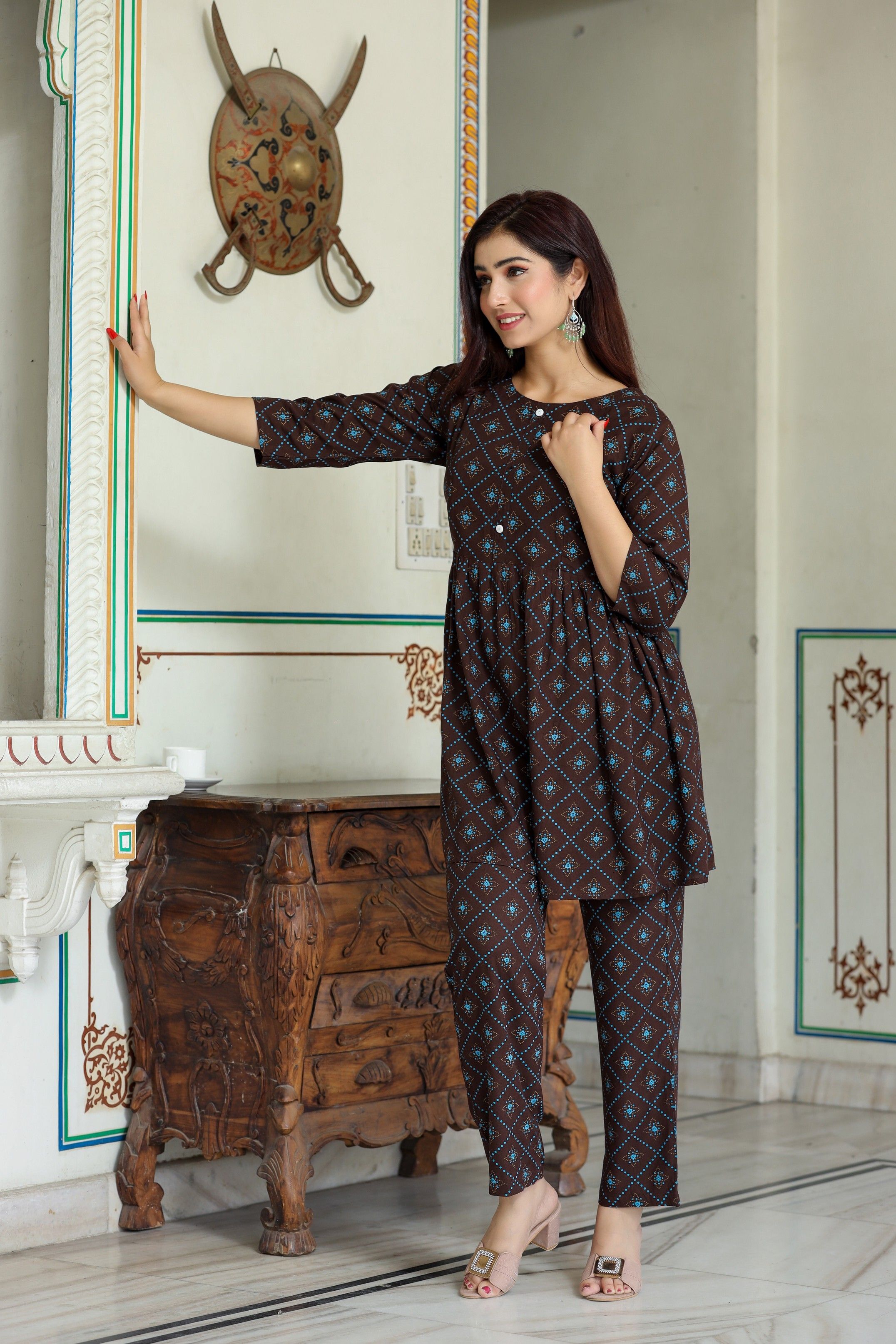 Women Night Suit Set Brown Printed-image-28