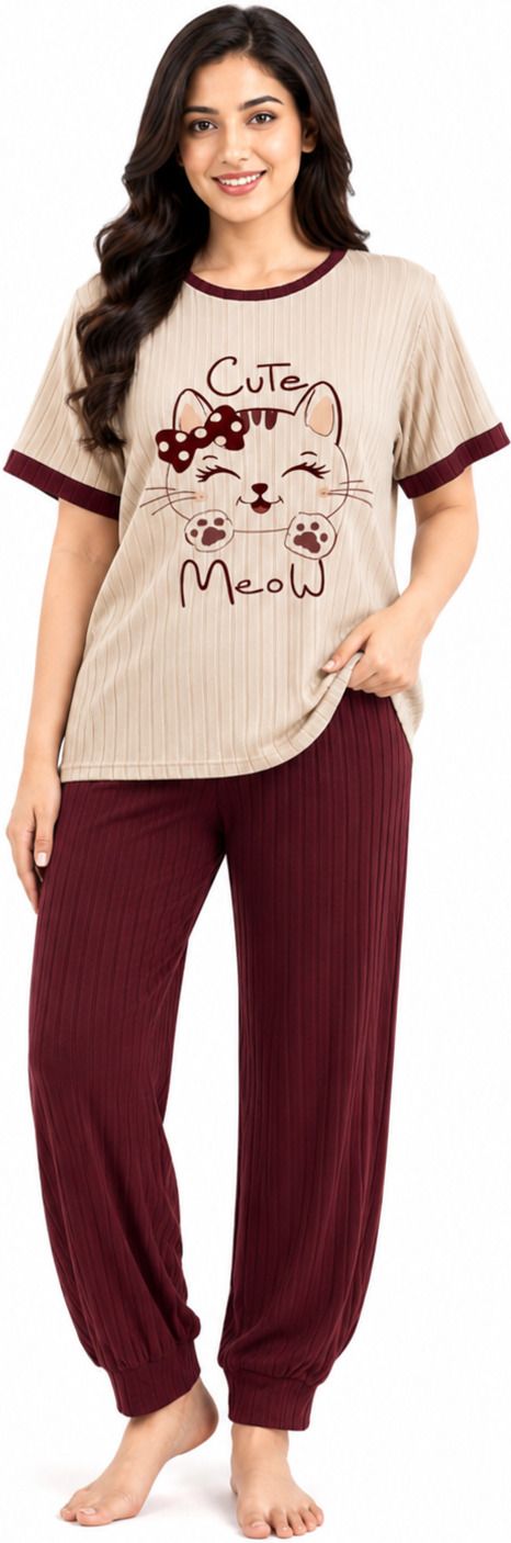 atm enterprises Women Top & Pyjama Set Maroon Solid-picture-3