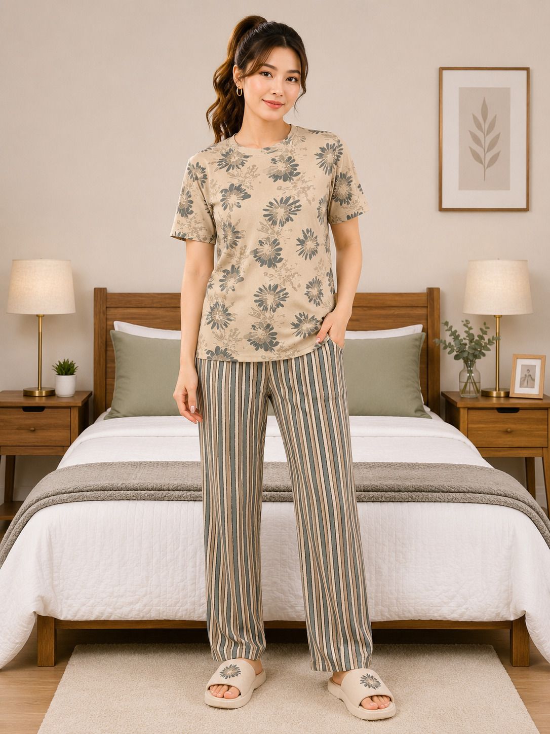 jk creation Women Top & Pyjama Set Beige Printed-picture-25