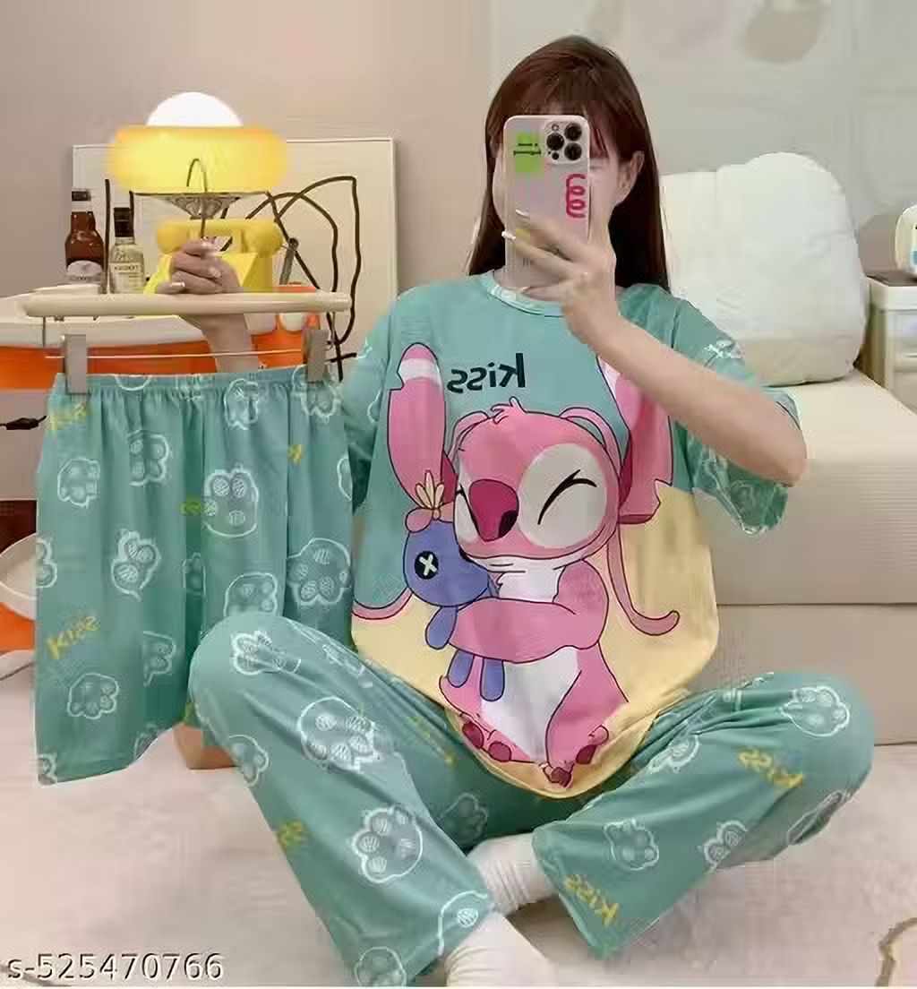 Women Night Suit Set Pink Printed