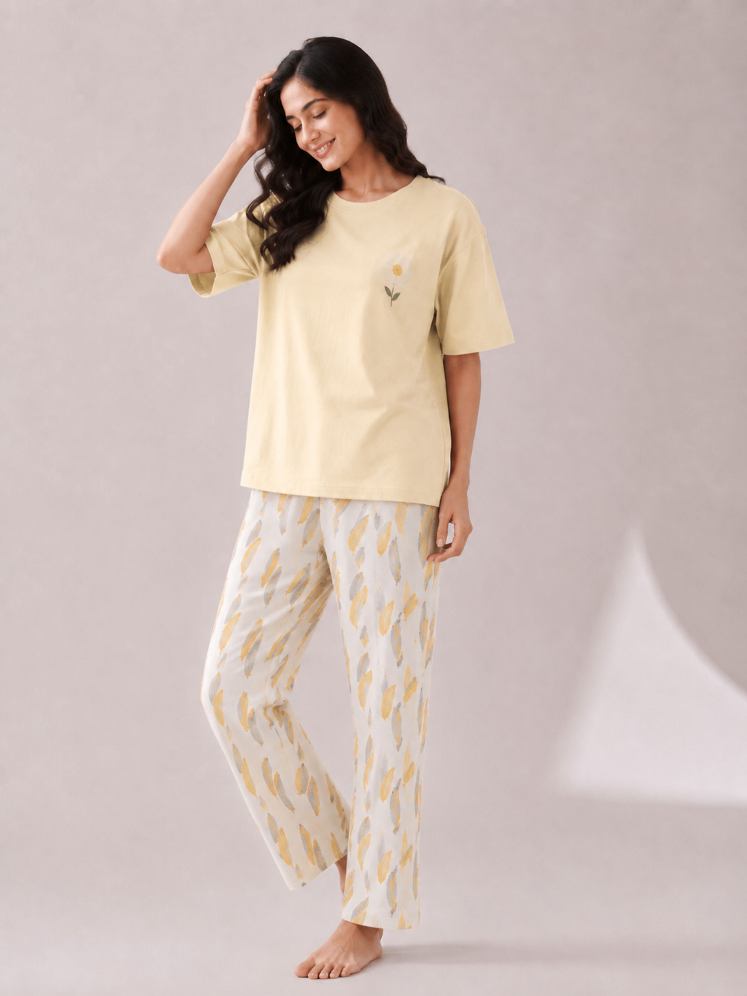 larix Women Top & Pyjama Set Yellow Printed, Embroidered-picture-5