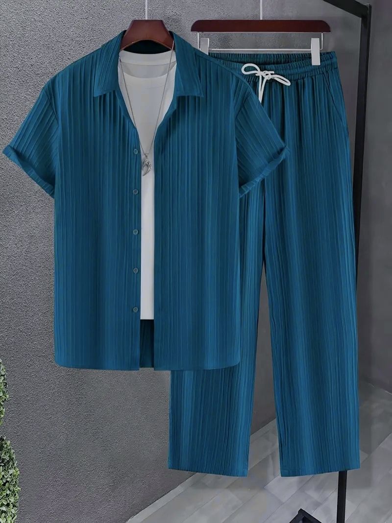 Men Night Suit Set Blue Solid, Striped-image-44