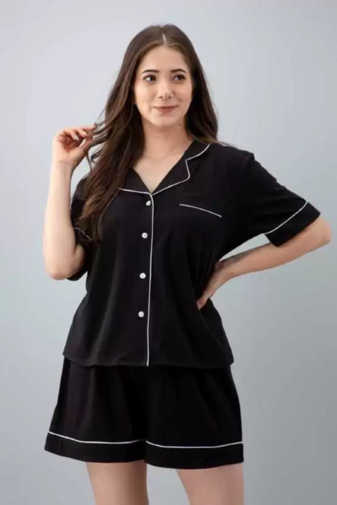 Women Night Suit Set Black Solid-image-10