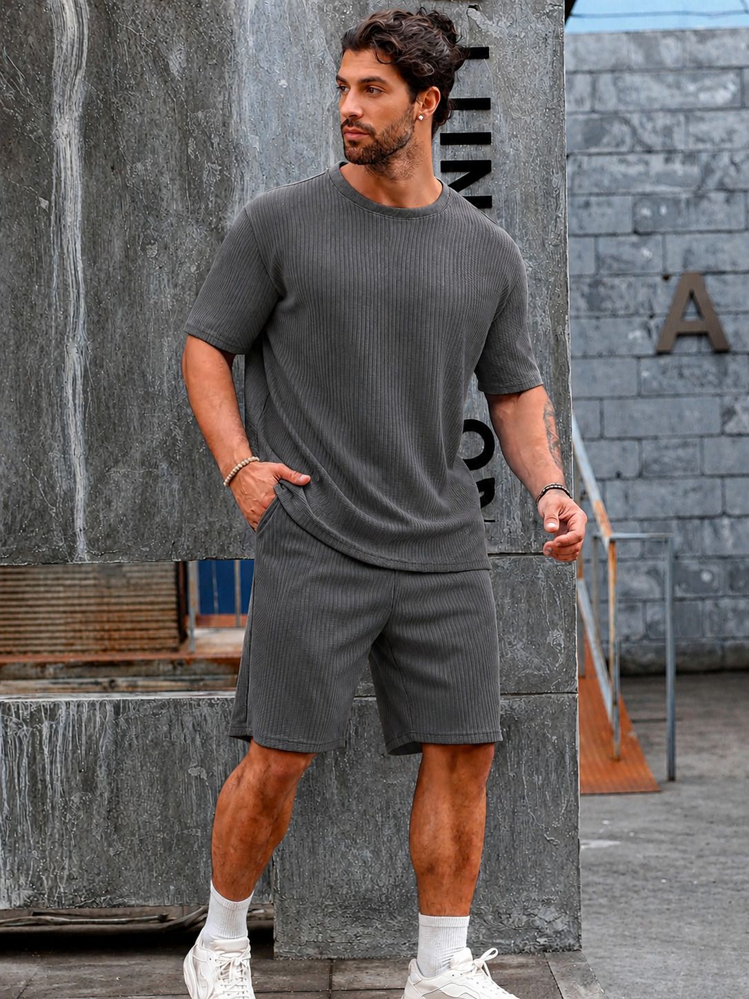 ziyantex Men Top & Shorts Set Grey Self Design-picture-25