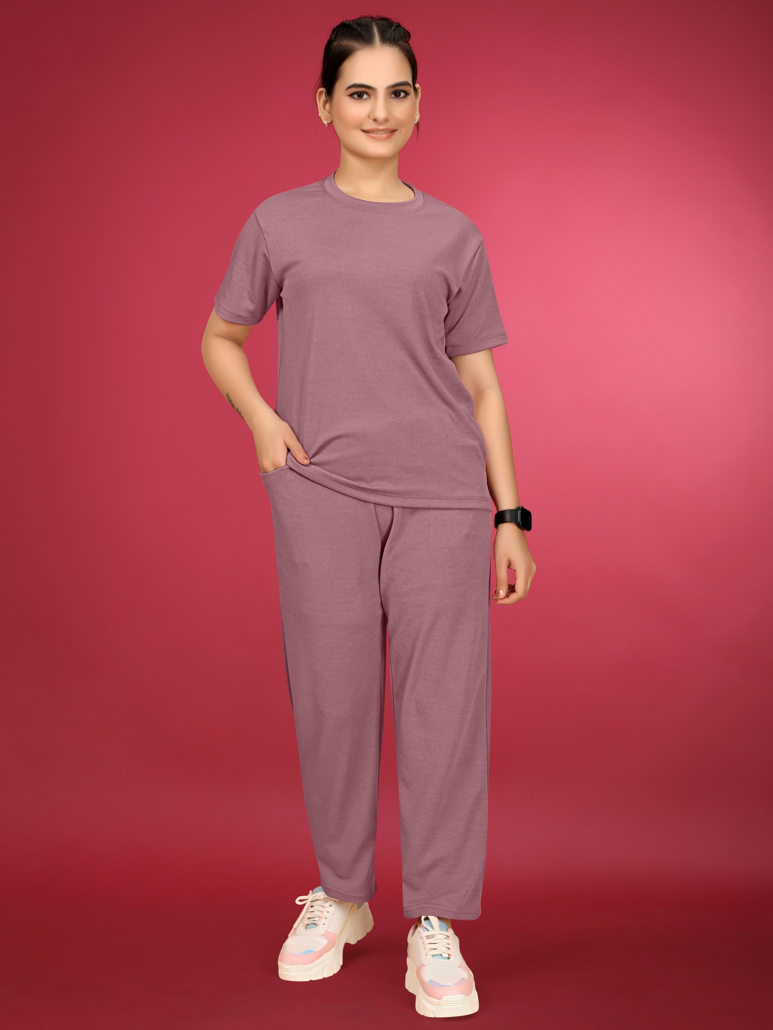 Women Top & Pyjama Set Pink Solid