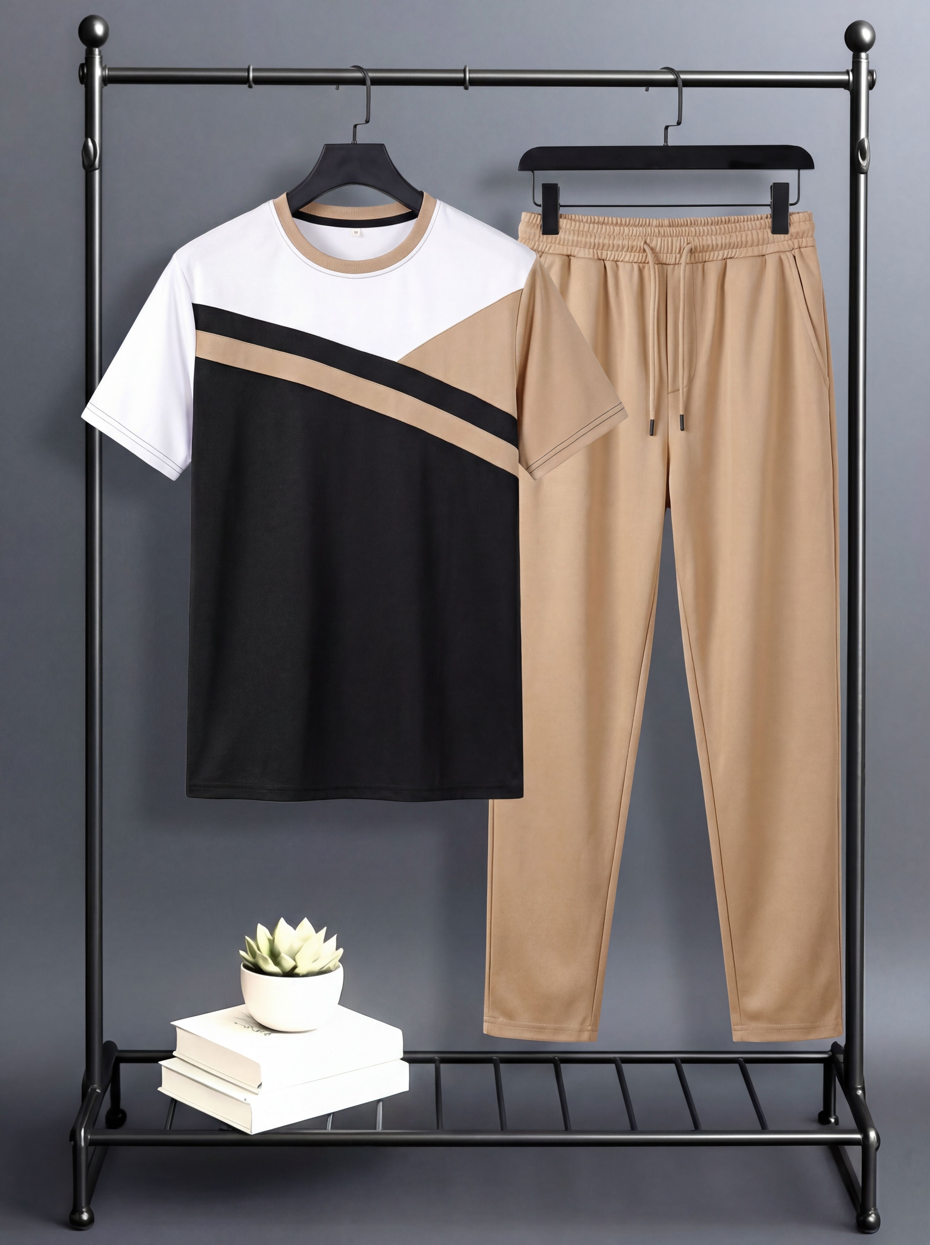 Men Night Suit Set Beige Self Design-image-49