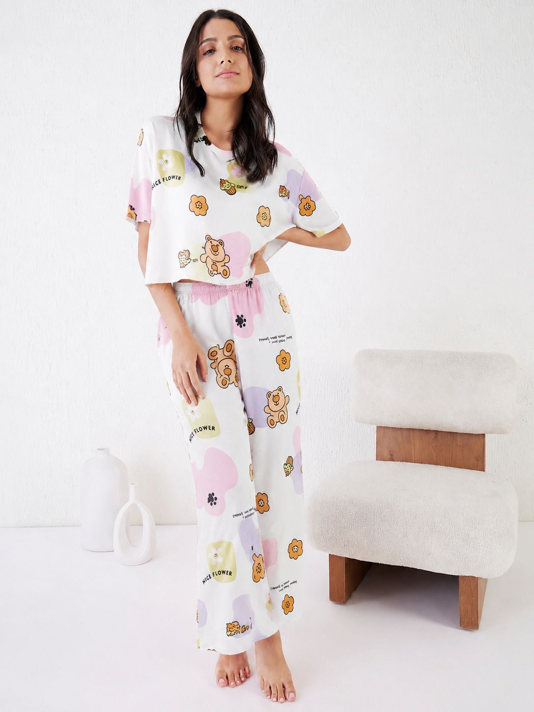 Women Top & Pyjama Set Multicolor Checkered, Printed-image-13