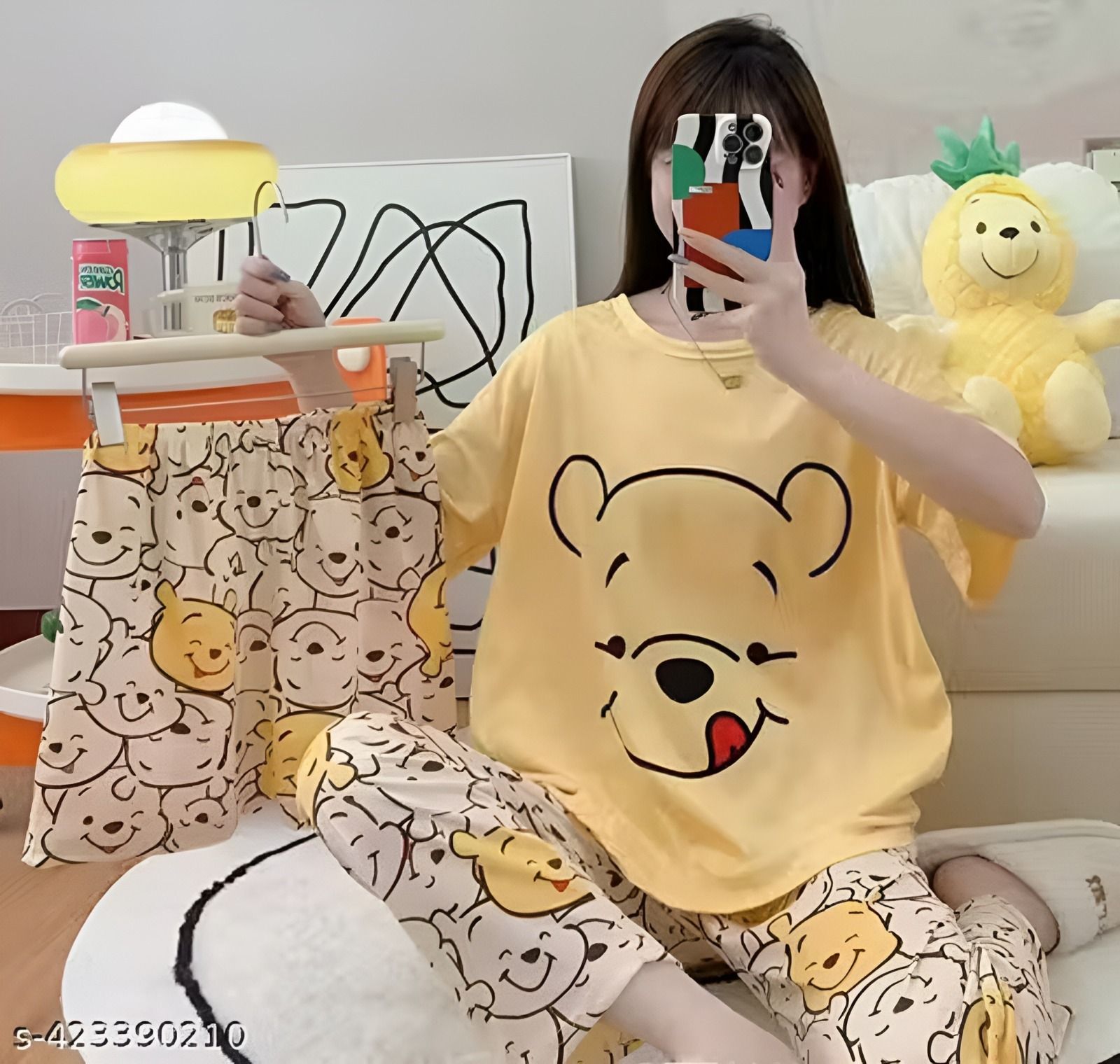 Women Night Suit Set Yellow Printed