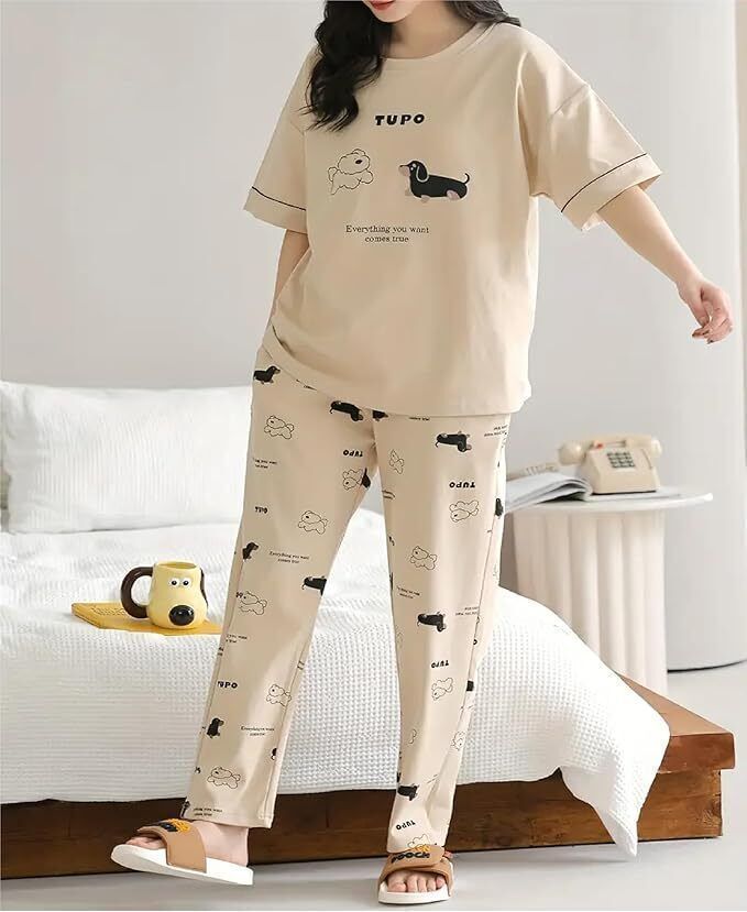 byaara Oversized Women Night Suit Set Beige Printed-picture-19