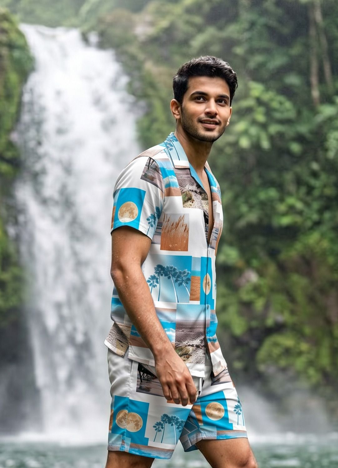 lyzoo fashion Men Night Suit Set Light Blue Printed-picture-33