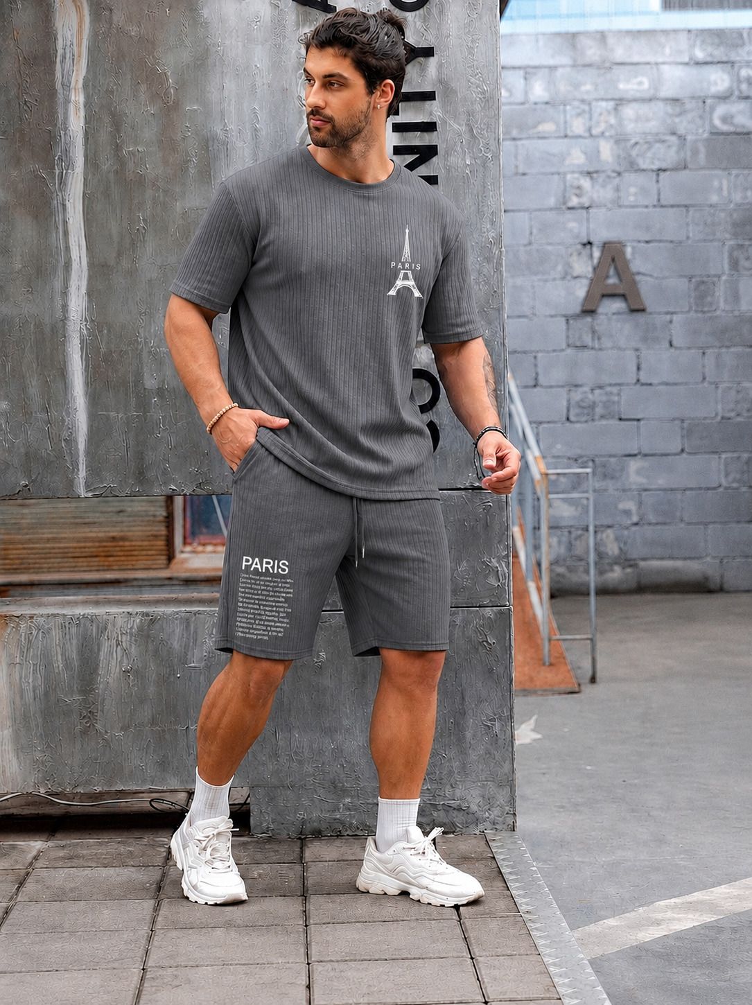 Men Top & Shorts Set Grey Printed-image-4