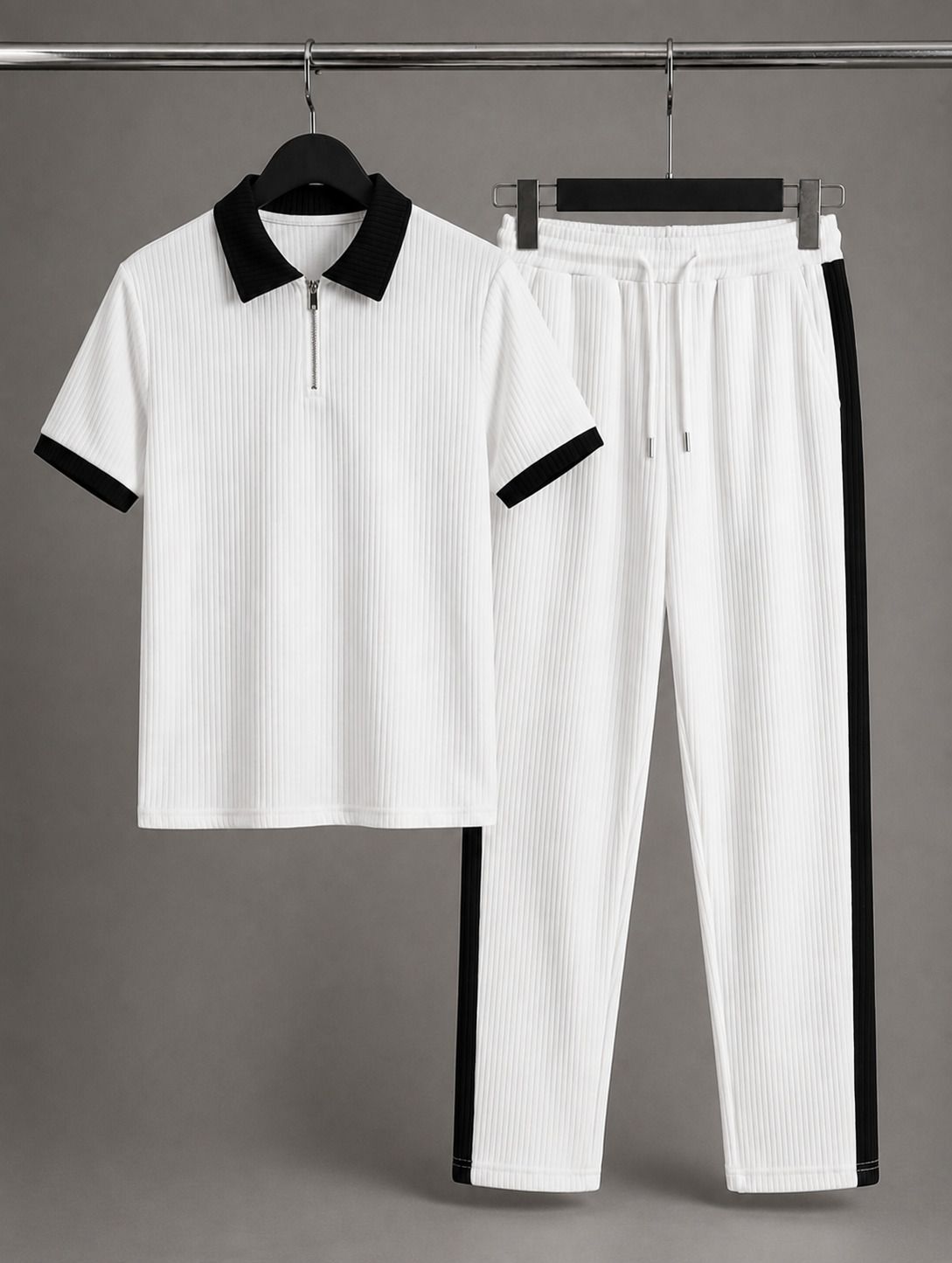 woxell Men Night Suit Set White Self Design-picture-19