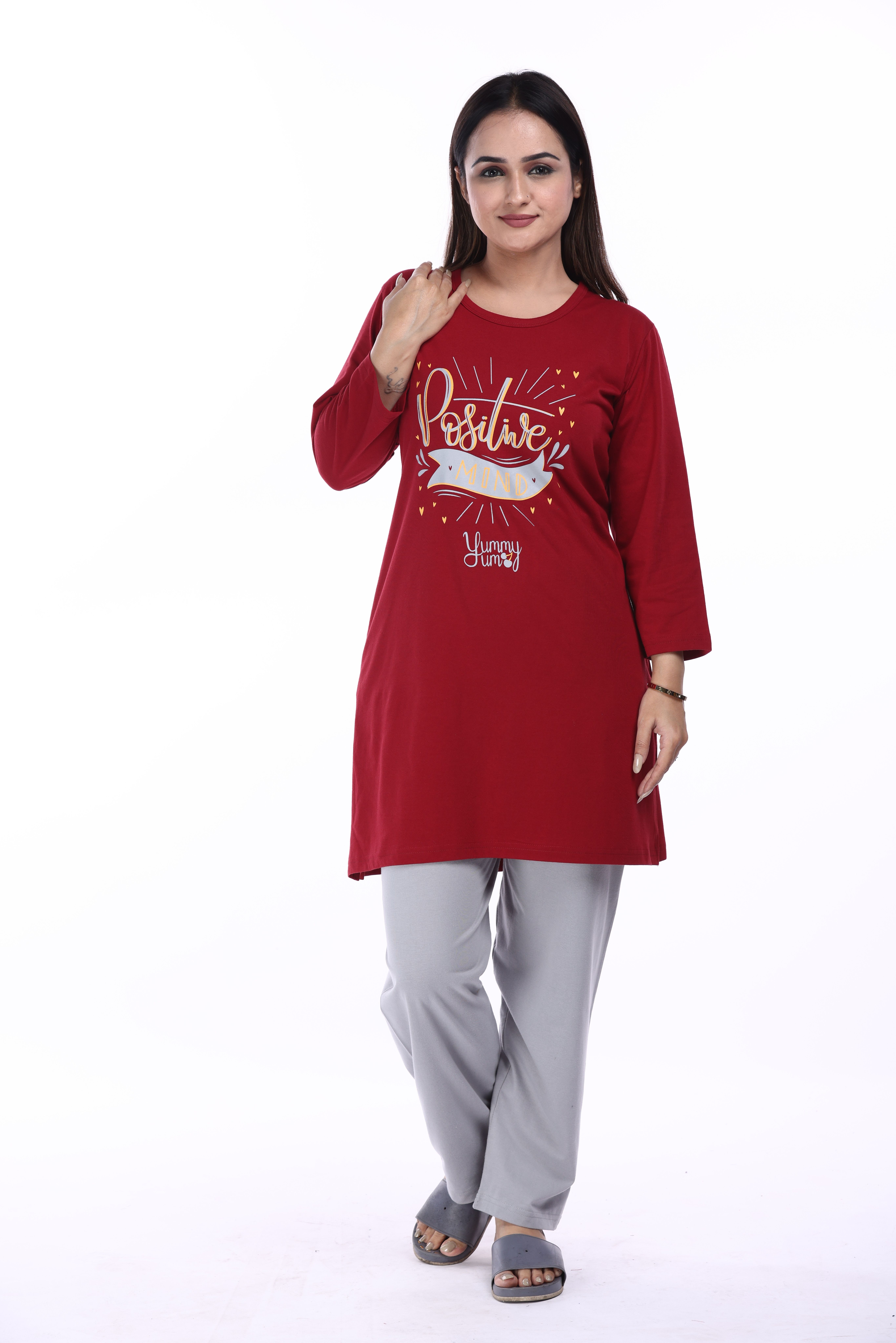 e-max Women Top & Pyjama Set Maroon, Grey Embroidered-picture-10