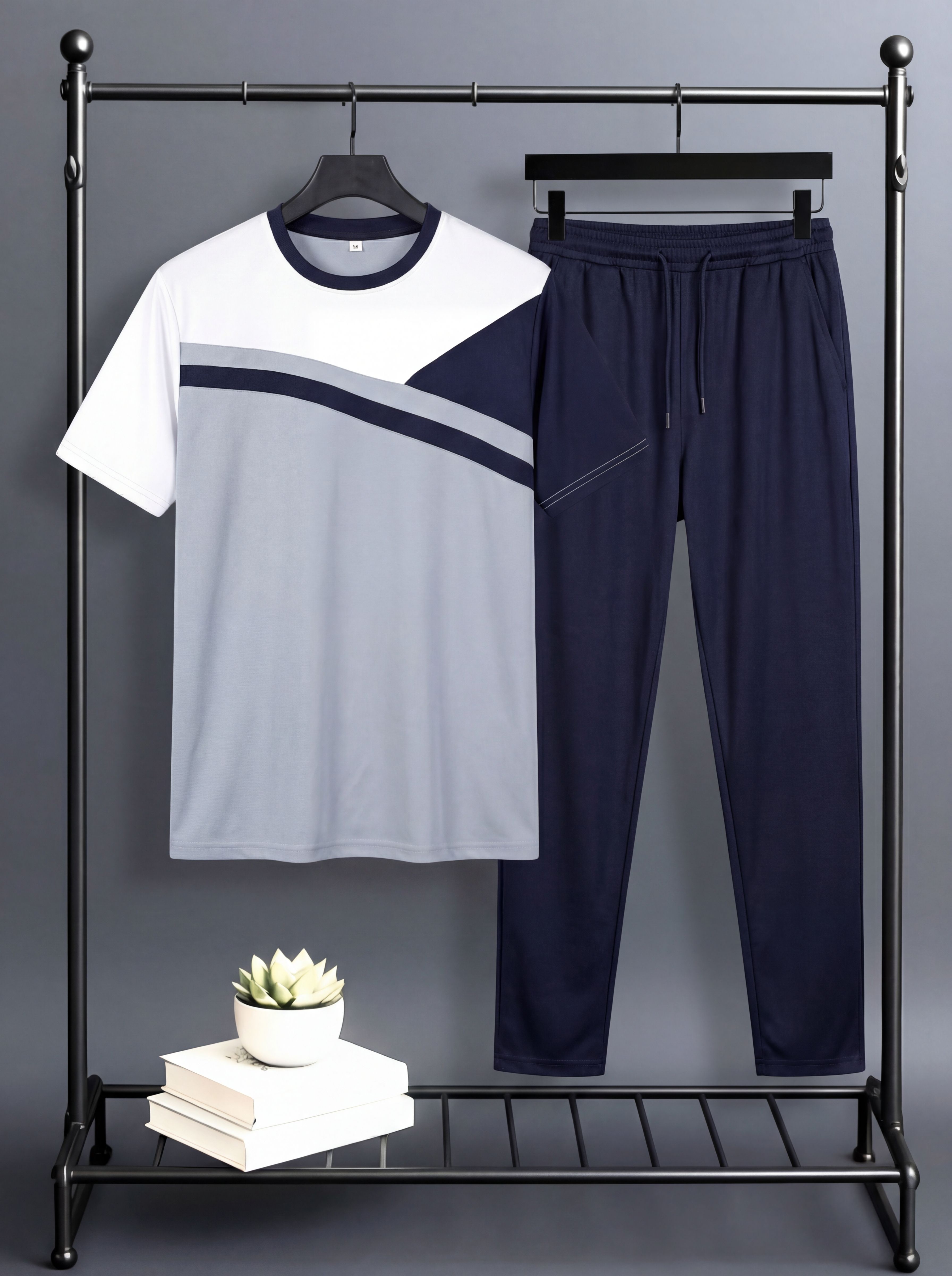Men Night Suit Set Blue Self Design-image-35