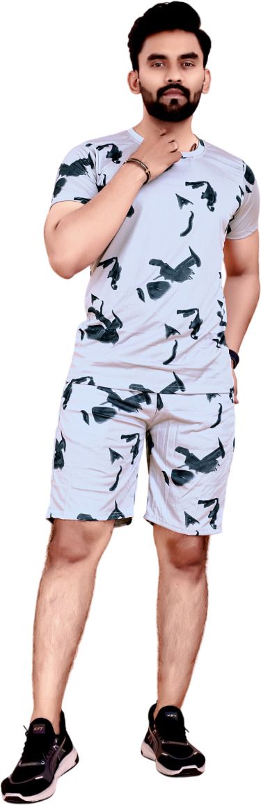 Men Night Suit Set Grey Printed-image-2
