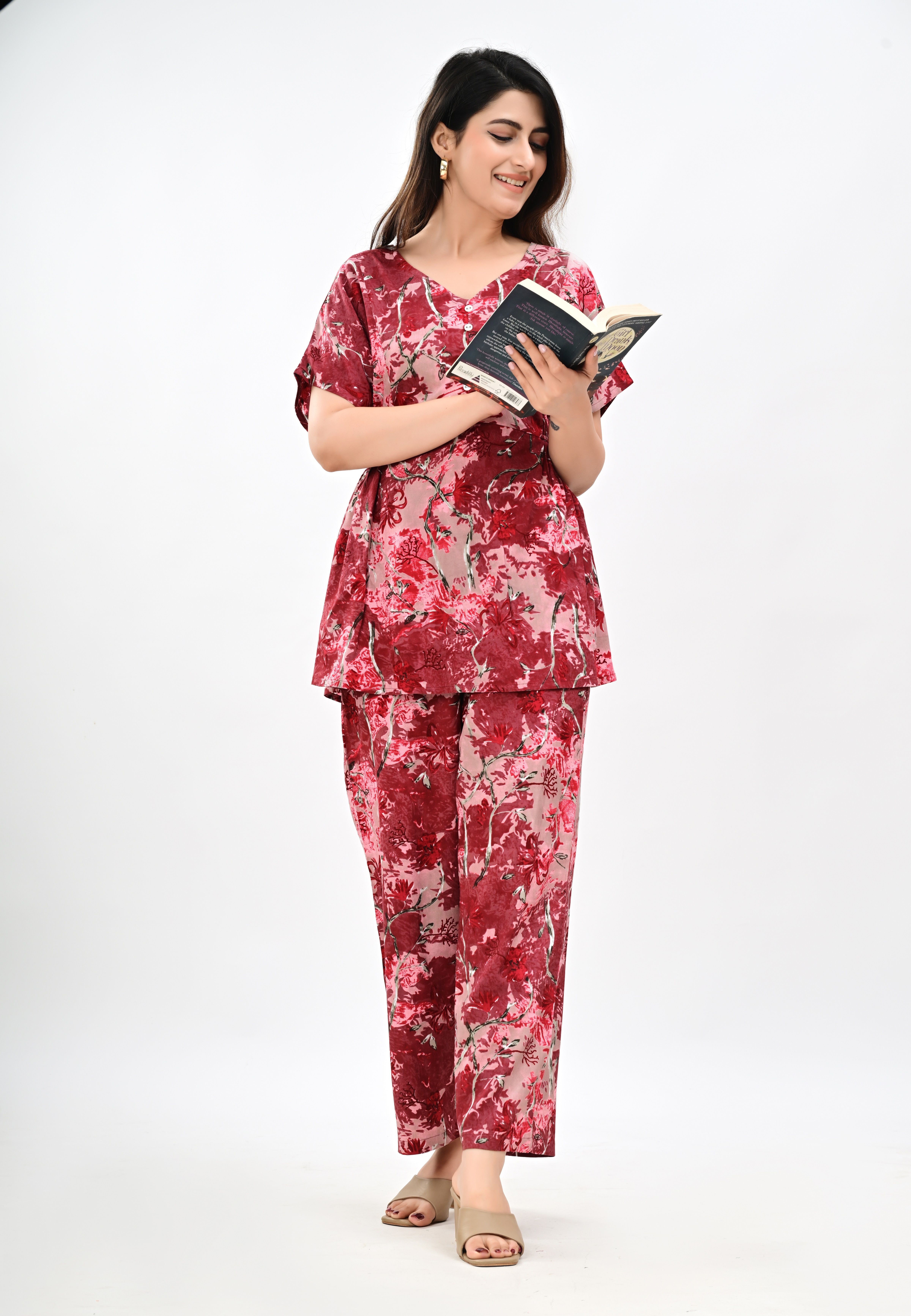Women Night Suit Set Maroon Printed-image-26
