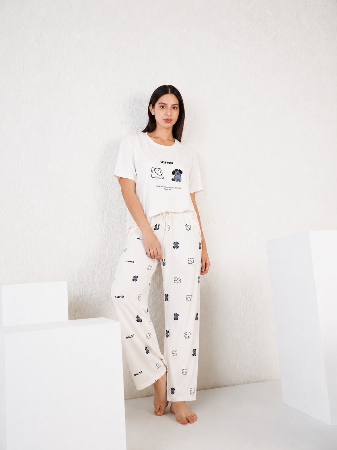 Women Top & Pyjama Set Beige Checkered, Printed-image-2