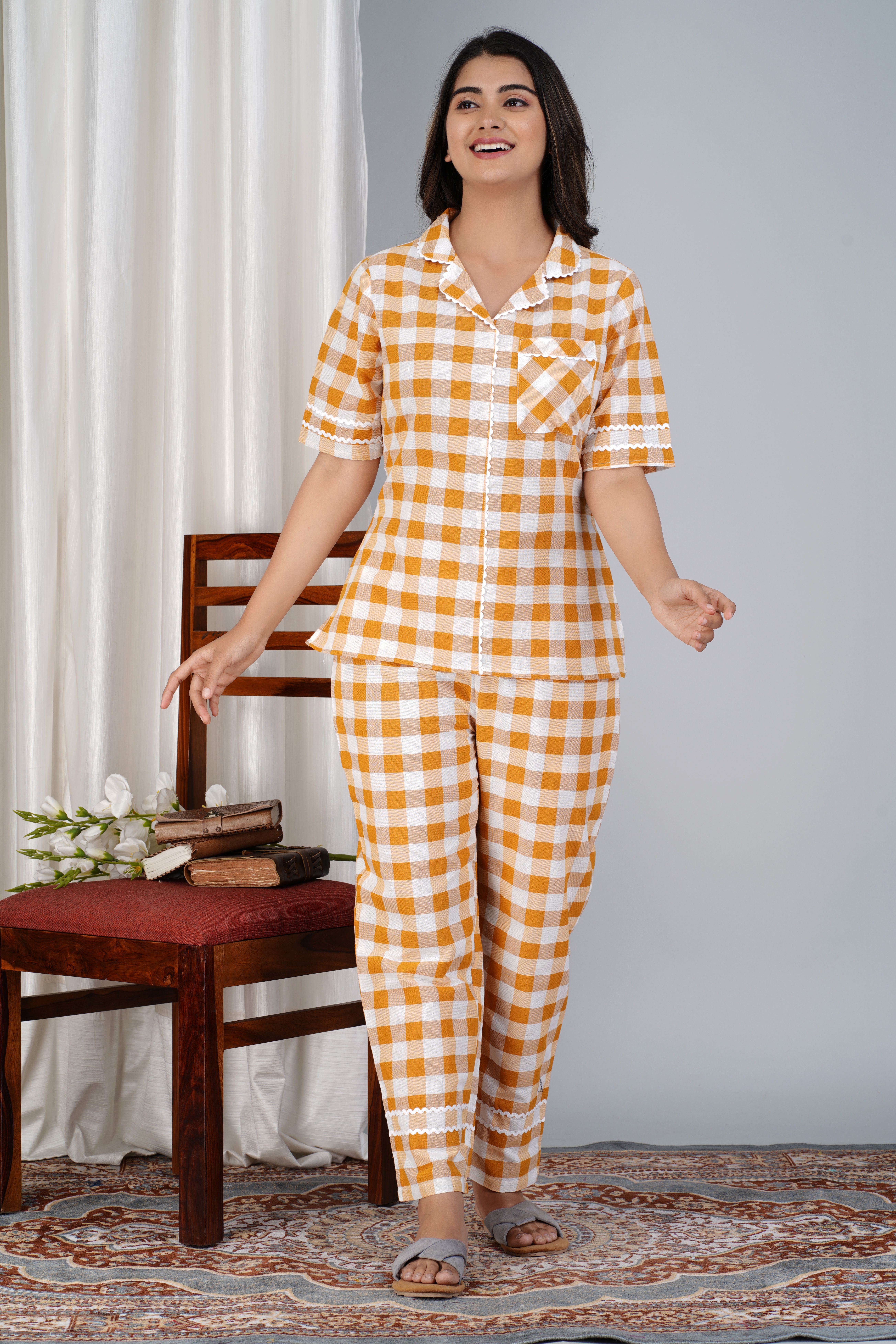 Women Shirt & Pyjama set Yellow Checkered-image-17