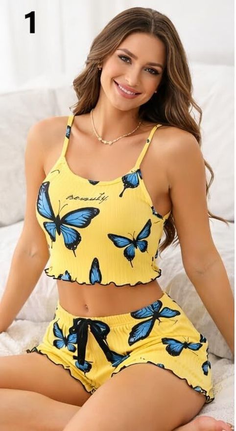 Women Top & Shorts Set Yellow Printed-image-14