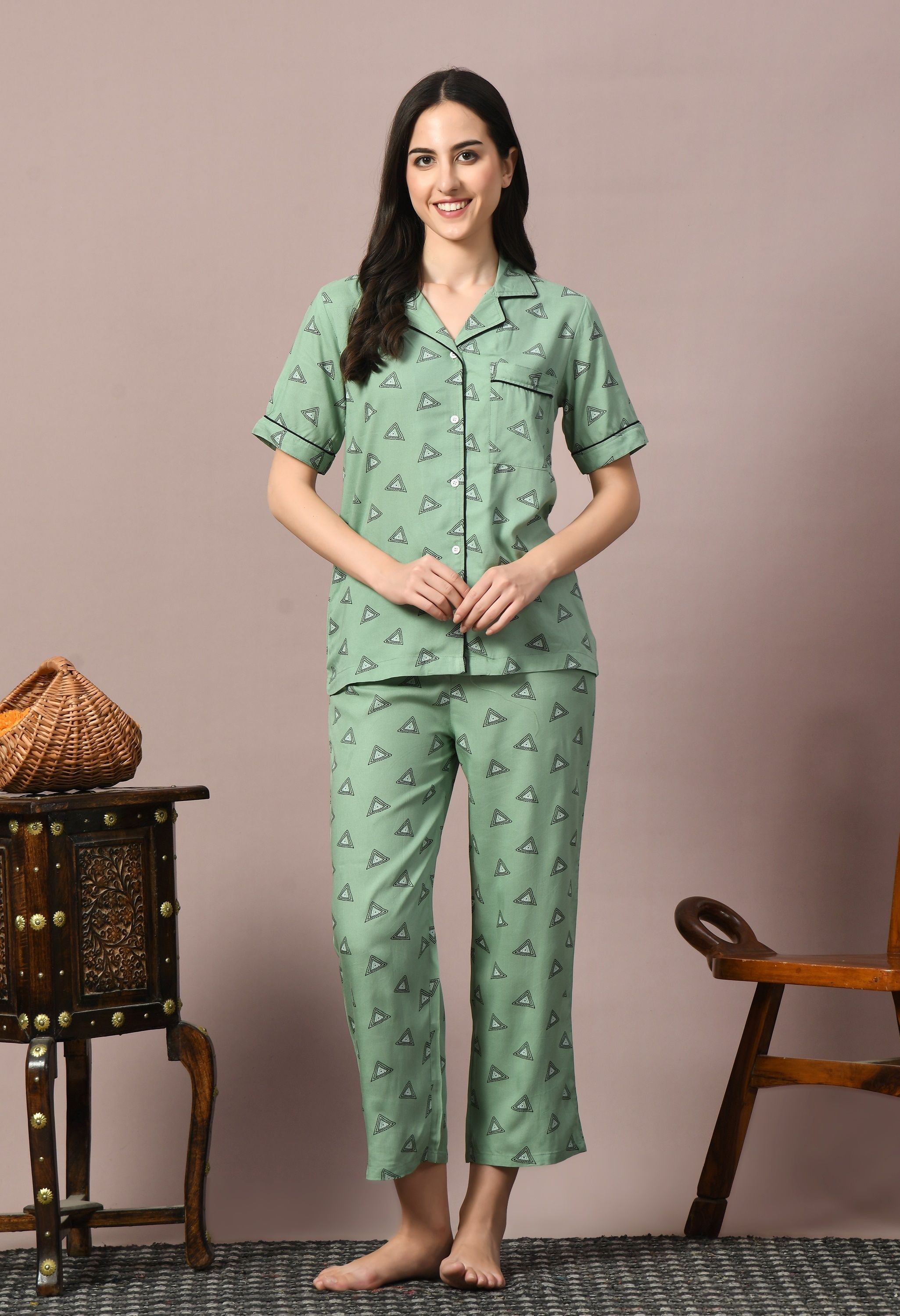 Women Night Suit Set Green Printed-image-25