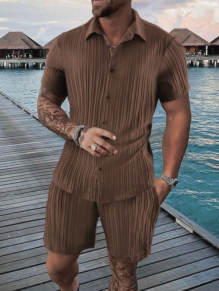 Men Top & Shorts Set Brown Self Design, Striped-image-5