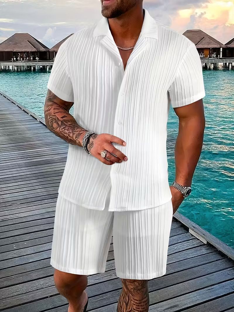 hari trendz clothing Men Top & Shorts Set White Self Design, Striped-picture-28