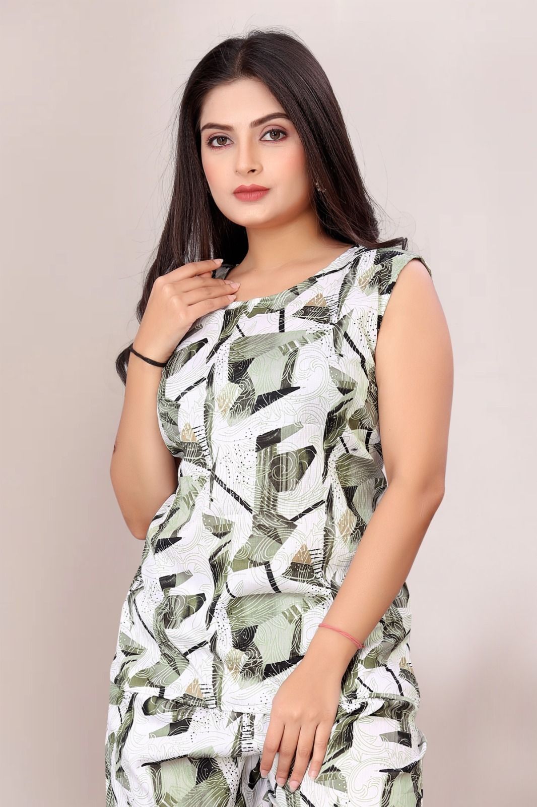 Women Night Suit Set Green Printed-image-3