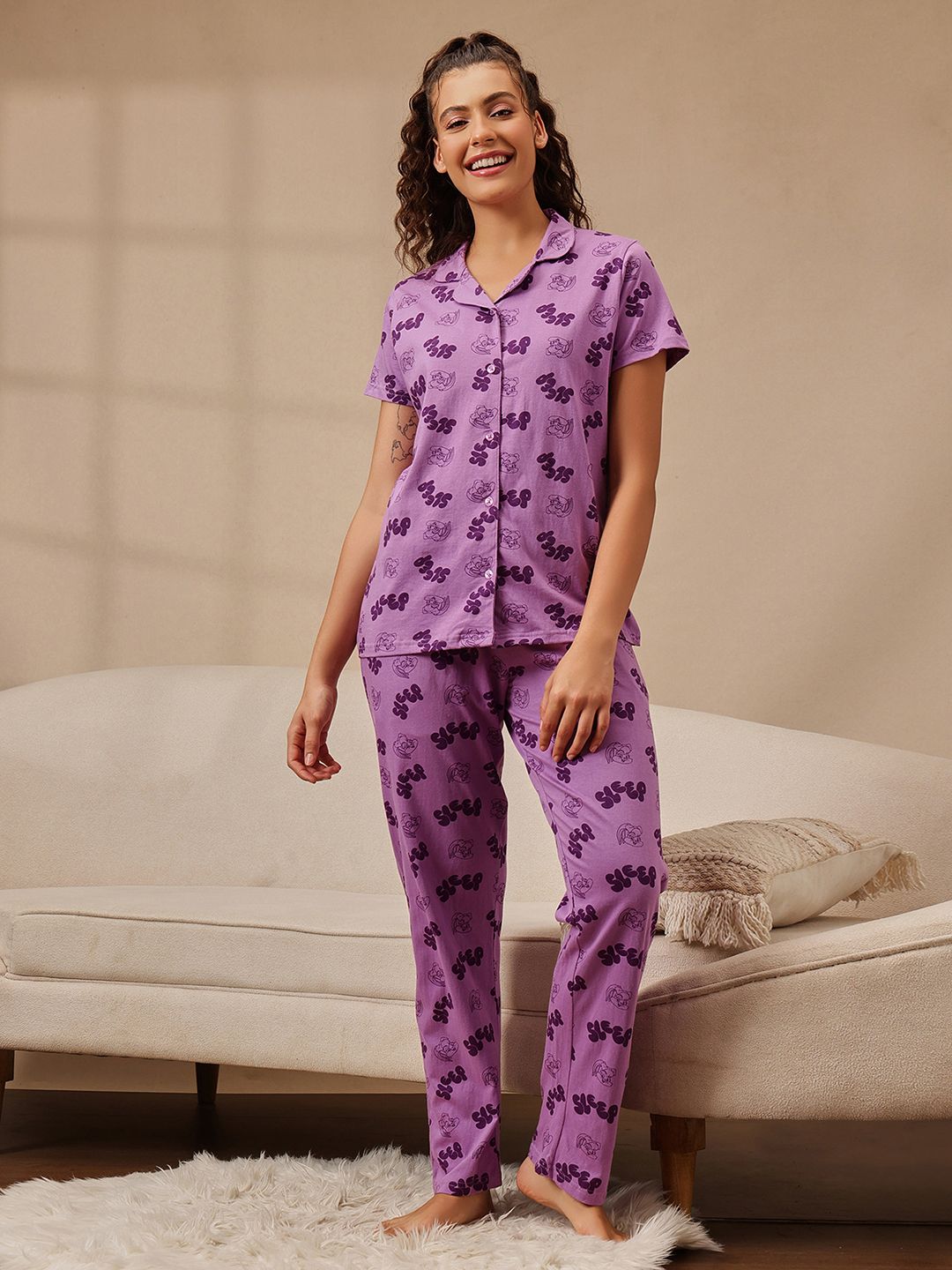 clovia Women Top & Pyjama Set Purple Graphic Print-picture-12