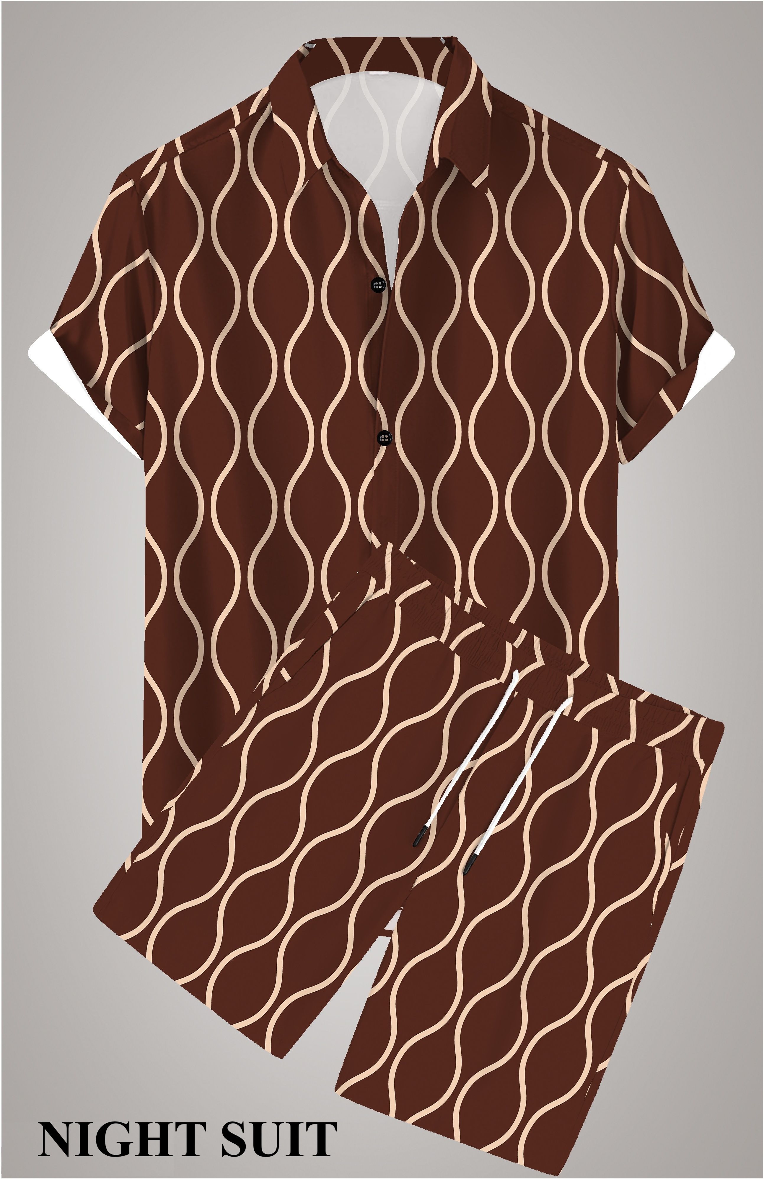 lyzoo fashion Men Night Suit Set Brown Printed-picture-39