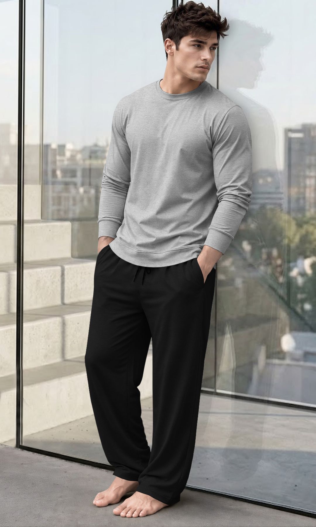 tesseract Men Night Suit Set Grey, Black Solid-picture-20