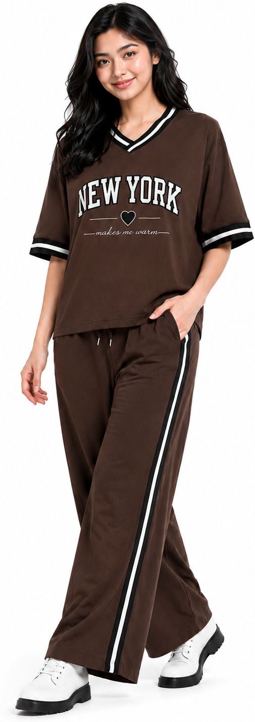 Women Top & Pyjama Set Brown Solid-image-22