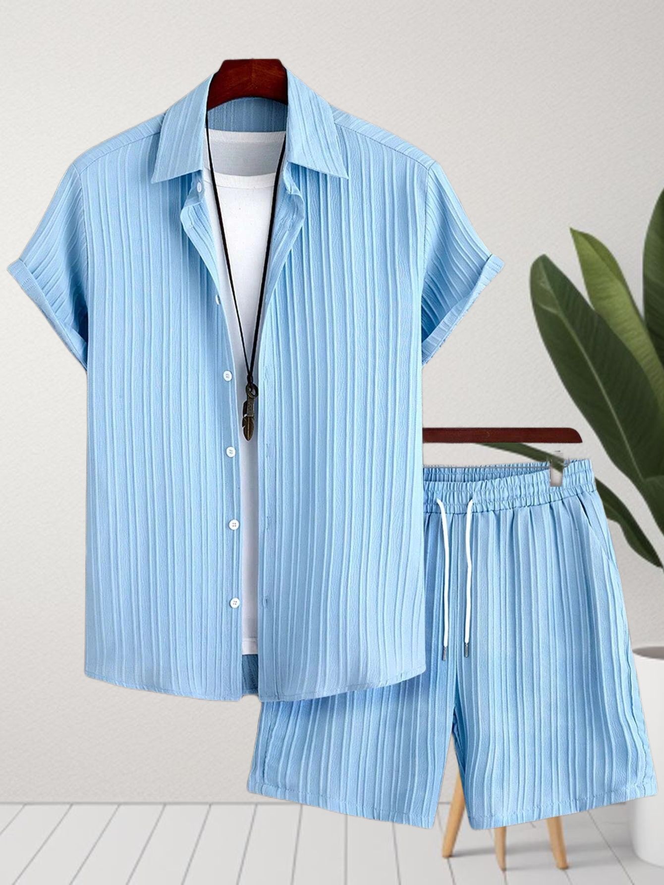 Men Night Suit Set Light Blue Striped-image-46