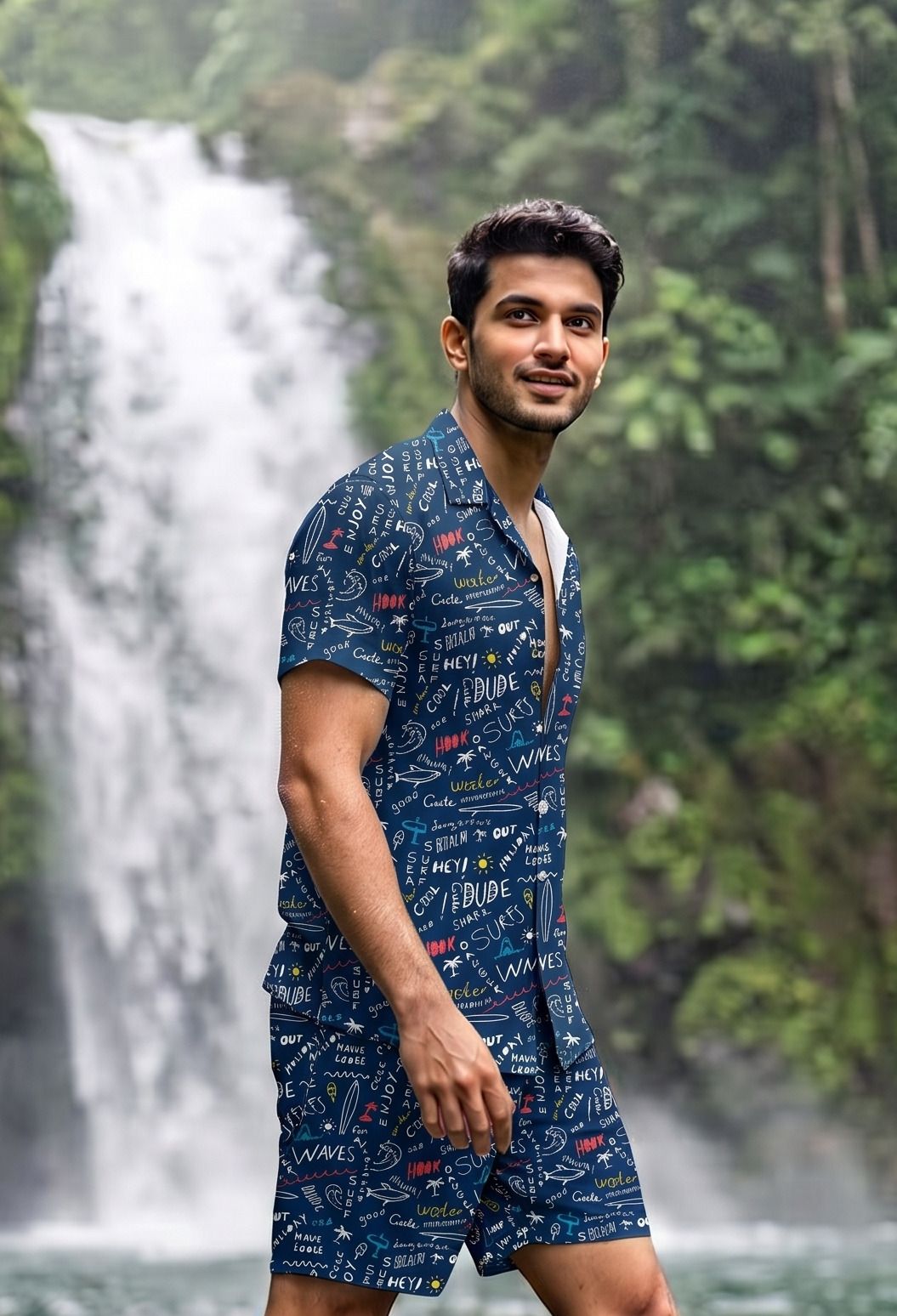 lyzoo fashion Men Night Suit Set Dark Blue Printed-picture-47