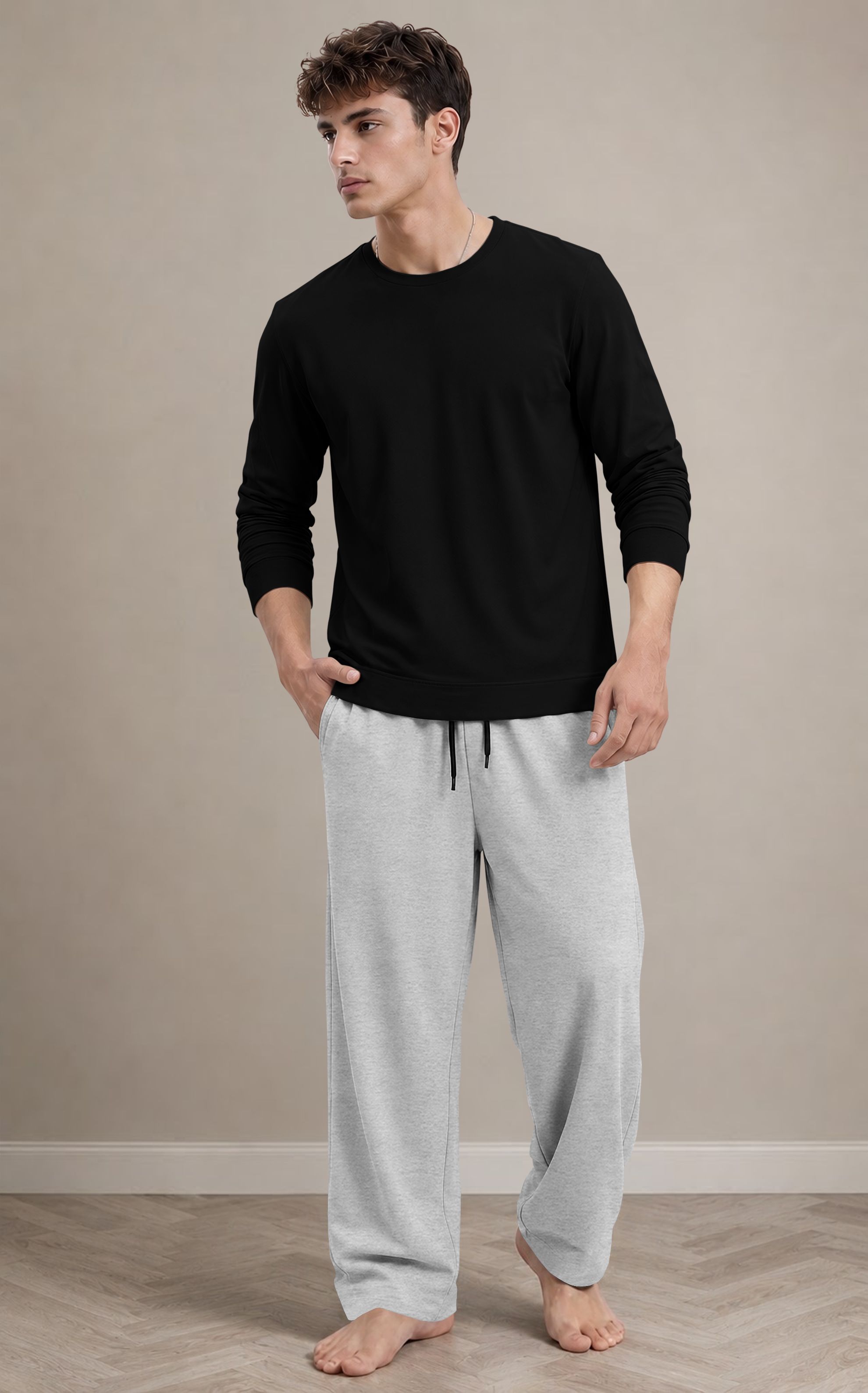 viktor Men Night Suit Set Black, Grey Solid-picture-18