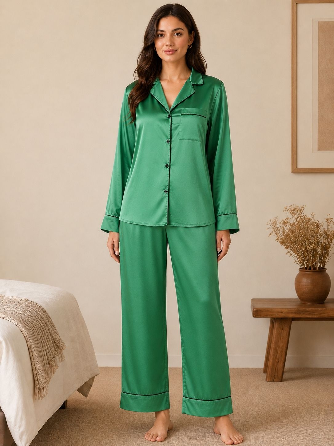 Women Shirt & Pyjama set Green Solid-image-7