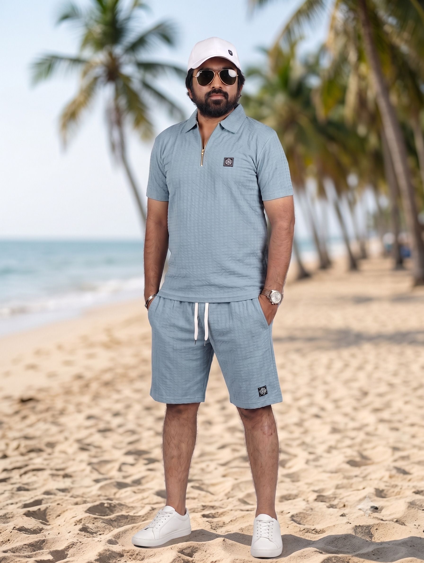 style remeet Men Top & Shorts Set Light Blue Self Design, Solid-picture-11