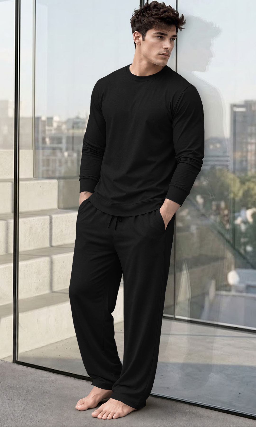 Men Night Suit Set Black Solid-image-49