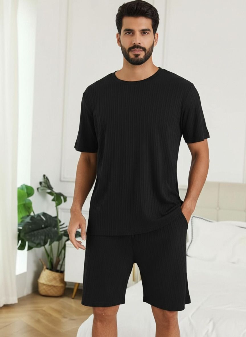 Men Top & Shorts Set Black Striped-image-25