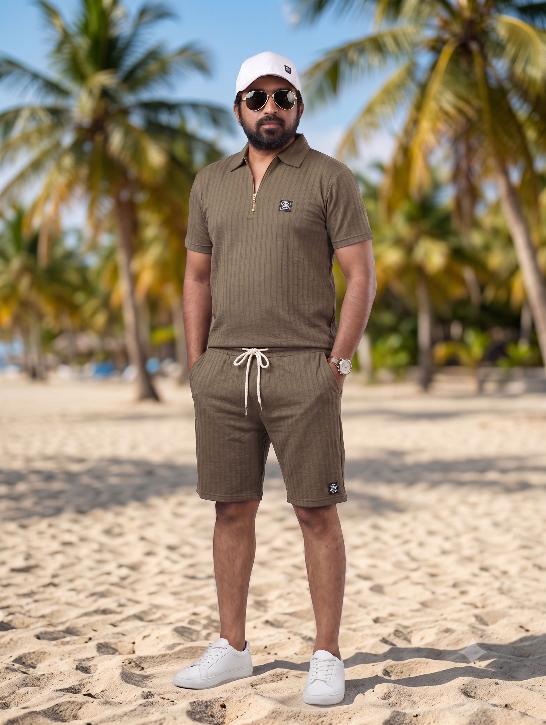 style remeet Men Top & Shorts Set Dark Green Self Design, Solid-picture-17